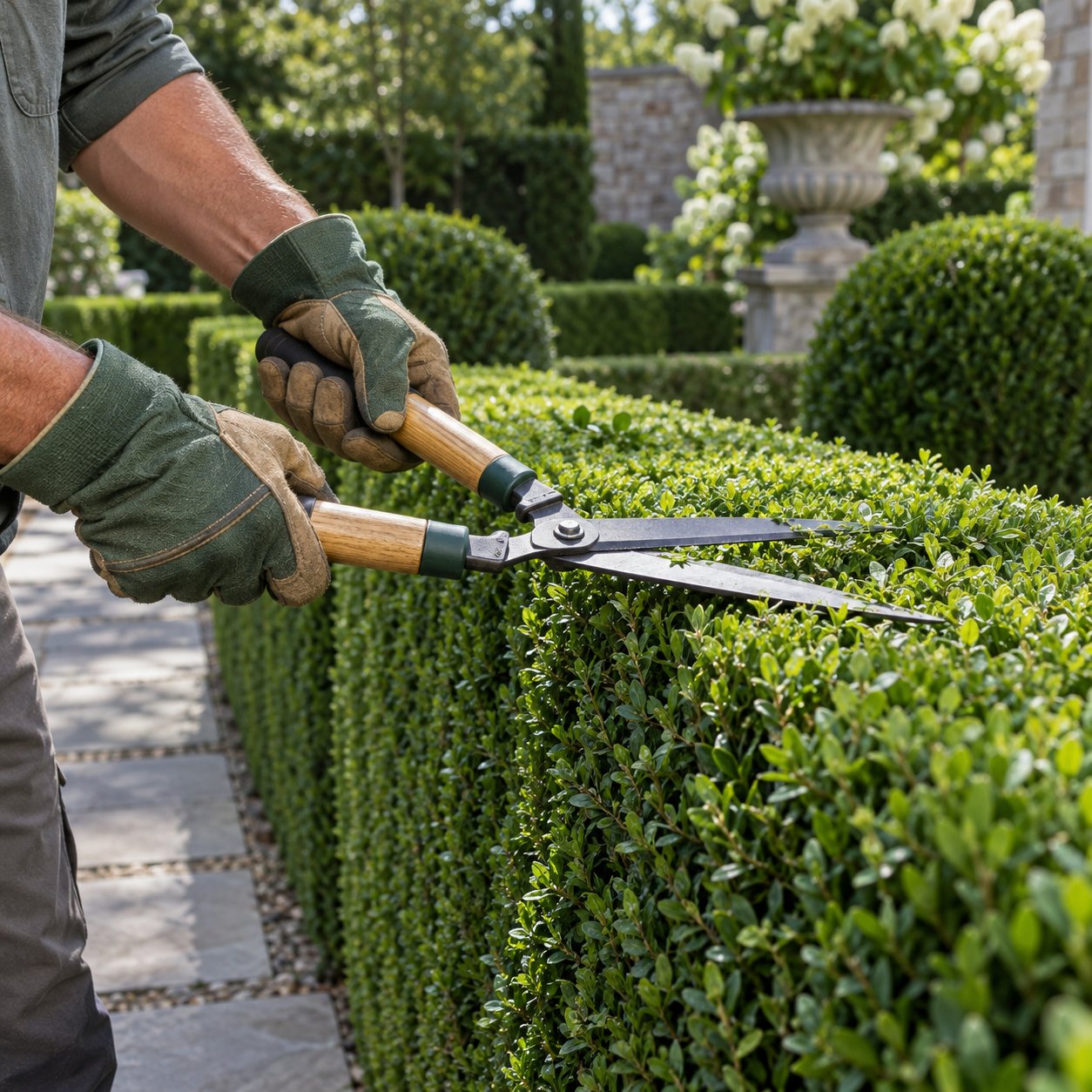 Neatly trimmed formal hedge with crisp clean lines