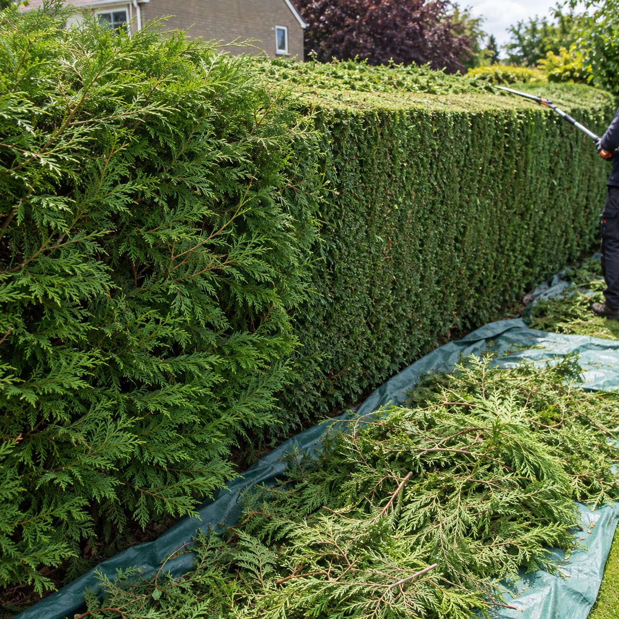 Overgrown hedge being reduced back to a manageable height