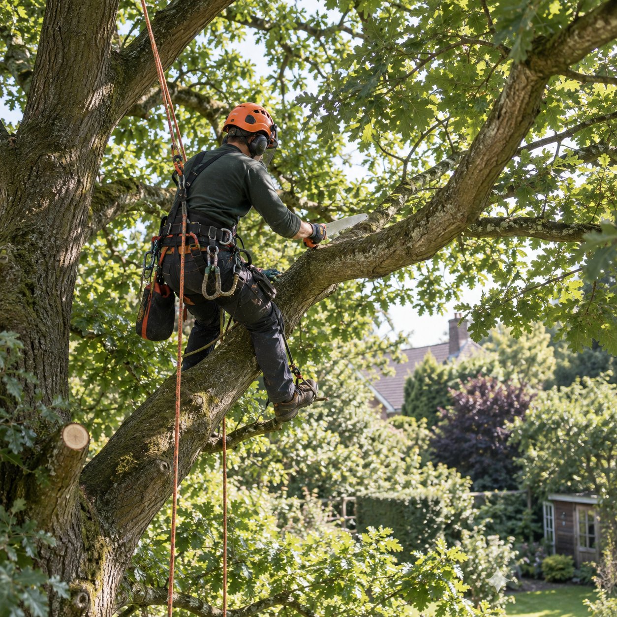 Arborist carrying out crown reduction on a mature tree